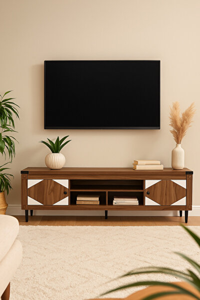 MARIA HOMES Walnut & White Wooden TV Stand 180×40×55 cm – Modern TV Unit with Storage Cabinets and Open Shelves