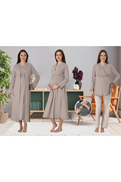 Effortt Dvina Lohusa 4'lü Set - Sabahlık/Pijama Takımı/Gecelik Bej - 4046