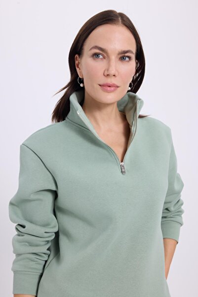 Tudors Women's relax fit comfortable cut cotton fleece-lined half-zip green d Mock Neck sweatshirt