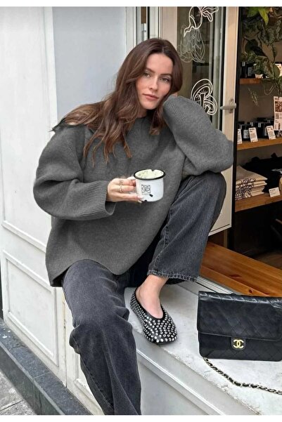 LUVON Antrasit Bisiklet Yaka Oversize Kadın Triko Kazak