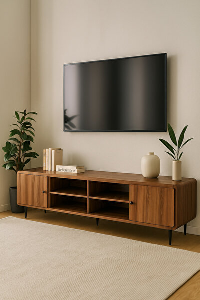 MARIA HOMES Walnut Wooden TV Stand 180×40×54 cm – Modern TV Unit with Open Shelves and Side Cabinets for Living