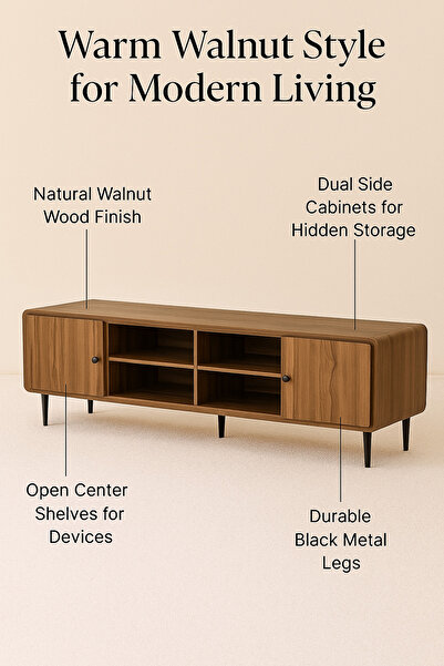 MARIA HOMES Walnut Wooden TV Stand 180×40×54 cm – Modern TV Unit with Open Shelves and Side Cabinets for Living