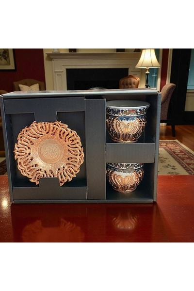 Bakır Center Porselen Fincan Takımı Bakır Nikel Kaplamalı Kalp Çiçek Desenli 2 Kişilik Bakır Fincan Takımı