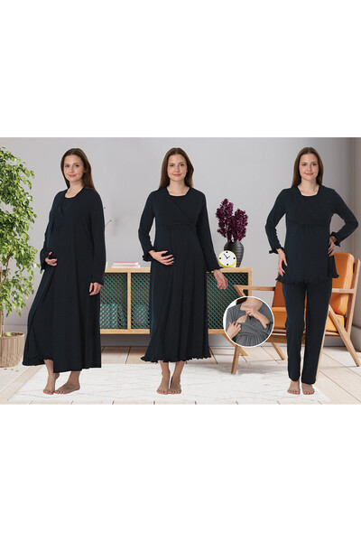 Effortt Dvina Lohusa 4'lü Set - Sabahlık/Pijama Takımı/Gecelik Lacivert - 4046