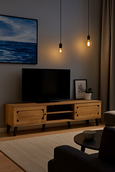 MARIA HOMES Light Brown Wooden TV Stand 180×40×44 cm – Modern TV Unit with Storage Cabinets and Open Shelves