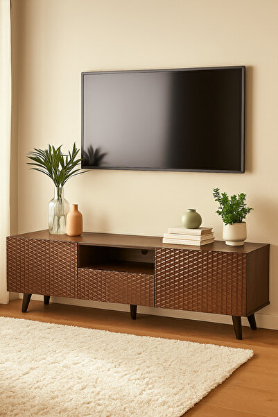 MARIA HOMES Brown Wooden TV Stand 180×40×61 cm – Modern Textured Design TV Unit with Storage Cabinets