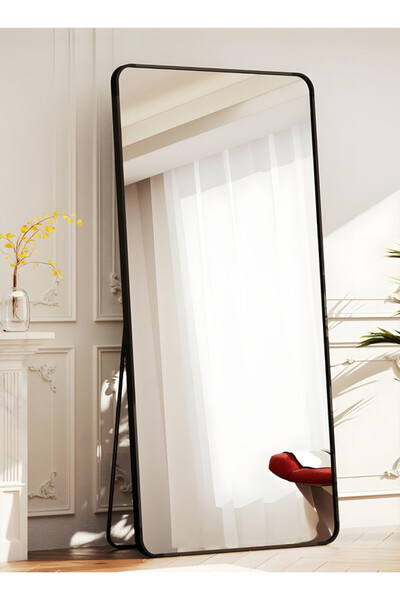Taimi Large Mirror With Elegant Design 160x50 Cm-full Length Mirror With Black Metal Frame And Back Stand