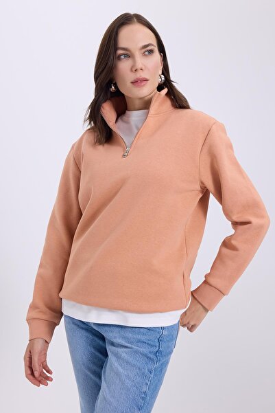 Tudors Γυναικείο φούτερ Relax Fit Άνετο βαμβακερό φλις με μισό φερμουάρ Yavruağzı D ψηλός λαιμός