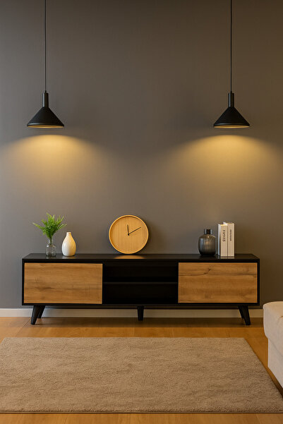 MARIA HOMES Walnut and Black Wooden TV Stand 180×40×57 cm – Modern 2-Door TV Unit with Open Shelves