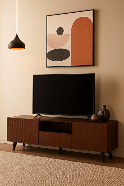 MARIA HOMES Brown Wooden TV Stand 160×40×61 cm – Modern Textured Design TV Unit with Storage Cabinets