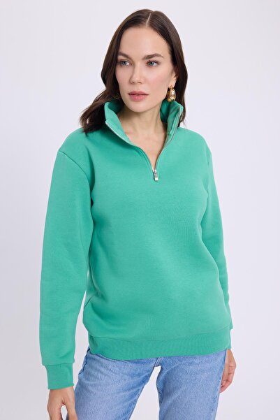 Tudors Women's Relax Fit Comfortable Cut Cotton Fleece Inside Half Zipper Green D Mock Neck Sweatshirt