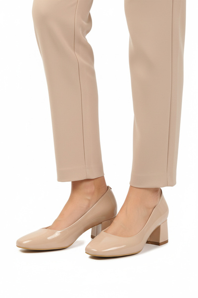 AYAKMOD Beige Patent Leather Thick Heeled Women's Evening Dress Shoes 695042 Z