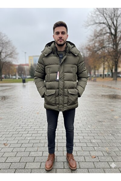 asyagiyimavm25 Asiya Kışın Sıcaklığı ve Stili: Kapüşonlu Erkek Şişme Mont (Haki)