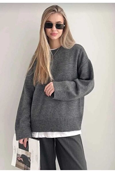 LUVON Antrasit Bisiklet Yaka Oversize Kadın Triko Kazak