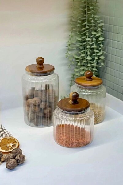 GLAMZE Luna Akasya Kapaklı Çizgili Cam Kavanoz Seti 900-1200-1700 ml