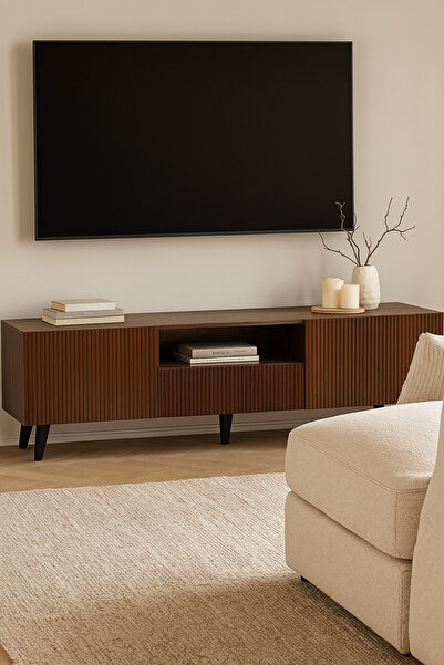 MARIA HOMES Brown Wooden TV Stand 180×40×55 cm – Modern Ribbed Design TV Unit with Storage Cabinets