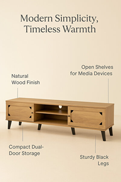 MARIA HOMES Light Brown Wooden TV Stand 180×40×44 cm – Modern TV Unit with Storage Cabinets and Open Shelves