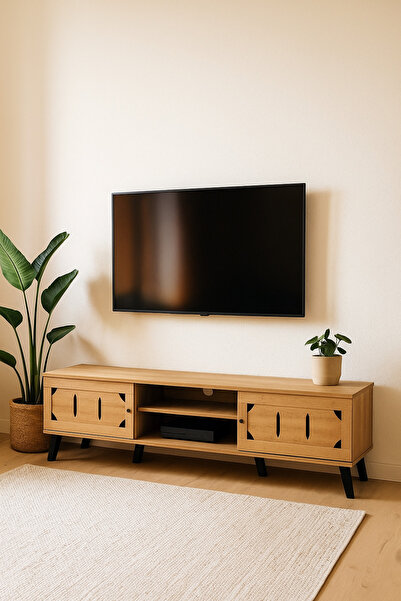 MARIA HOMES Light Brown Wooden TV Stand 180×40×44 cm – Modern TV Unit with Cutout Design Doors and Open Shelves