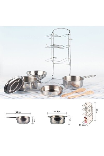 Luminoo MİNİ KİTCHEN ÇELİK TENCERE VARDEM TAVA RAFLI MUTFAK SETİ 8 PARÇA