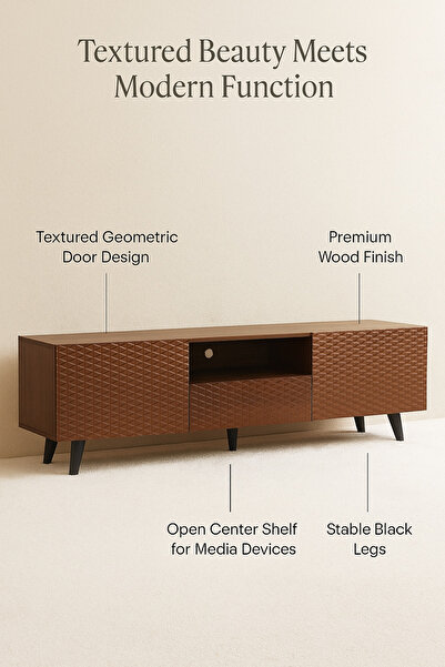 MARIA HOMES Brown Wooden TV Stand 160×40×61 cm – Modern Textured Design TV Unit with Storage Cabinets