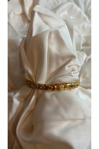 Store Çelik Ay, Güneş ve Yıldız Desenli Gold Kelepçe Bileklik