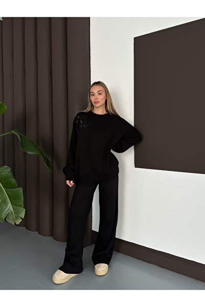 REDMİNA fashion Comfortable Knitwear Set with Shoulder Leaf Detail