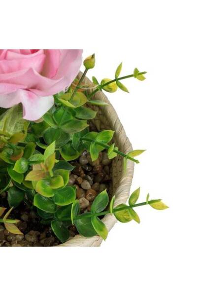 ANTBRO Ghiveci de flori din paie Ø20 × 40 cm – Vază rustică cu trandafir roz artificial, ideală pentru living și terasă
