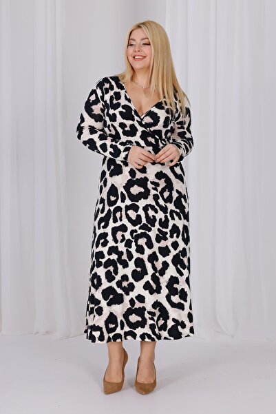 Madwilo Women's Mink Black Leopard Pattern Double-Breasted Collar Plus Size Stretchy Maxi Dress