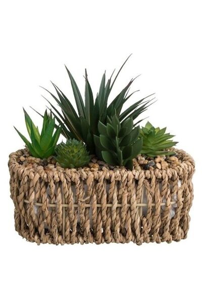 ANTBRO Ghiveci oval din paie cu plantă artificială 19×8×17 cm – Decor, fără î...