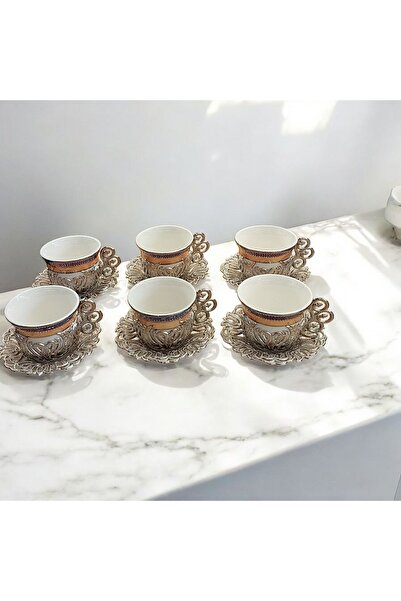 Bakır Center Porcelain Coffee Cup Set Copper Flower Patterned Cup Set Set of 6 Boxed Gift Cup Set