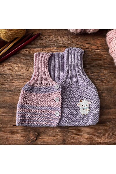 The Cloudish Shop Baby Hand Knitted Vest Lilac -Pink Glitter Thread Lamb Embr...
