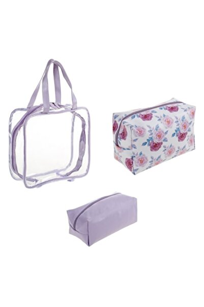 OEM Set geantă de toaletă, 3 piese, margini liliac, motive florale, transpare...