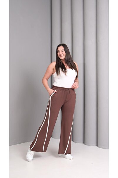 Ebsumu Women's Plus Size Extra Comfortable Fit Striped Brown Sweatpants