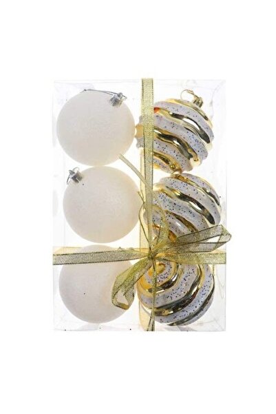 ANTBRO Set de 6 globuri de Crăciun, plastic, alb și auriu, 8 cm