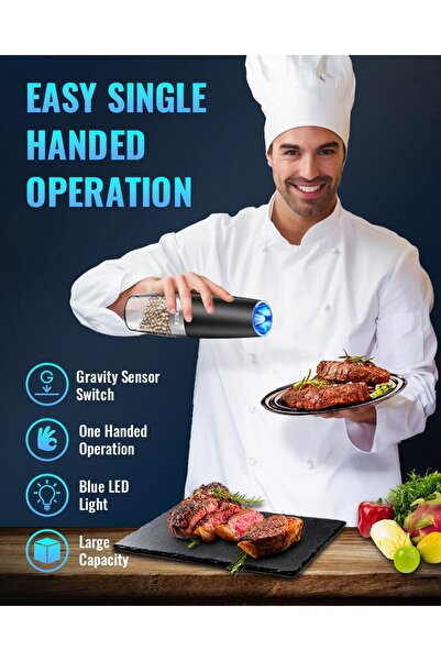 007 Electric Salt & Pepper Grinder Set, Graphite, Adjustable Grind, Battery LED, One-hand Auto, Black St