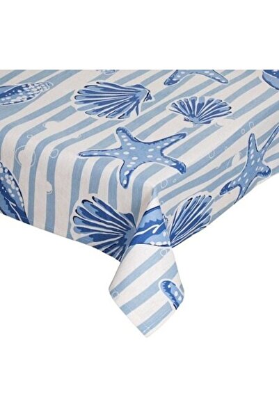 ANTBRO Față de masă de vară albastru deschis cu dungi și stele de mare, 180×1...