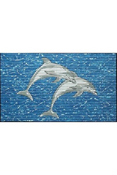 ANTBRO Covoraș de baie antiderapant din PVC, model delfin, alb/albastru, 80 x 50 cm