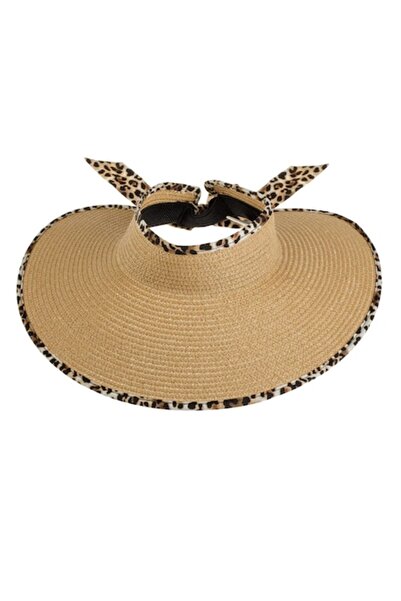 OEM - Large Brown Straw Visor Cap with Leopard Ribbon for Women