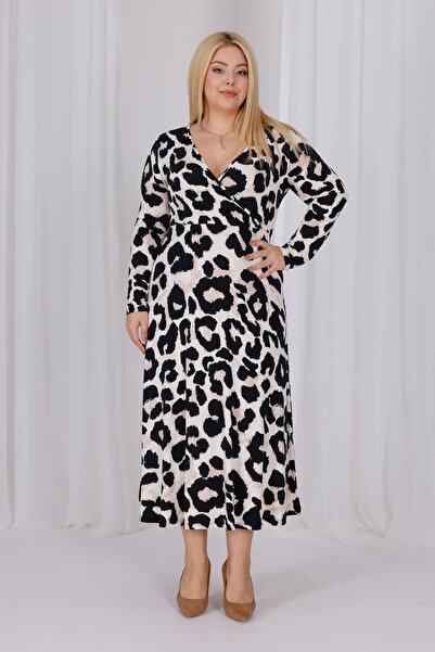 Madwilo Women's Mink Black Leopard Pattern Double-Breasted Collar Plus Size Stretchy Maxi Dress