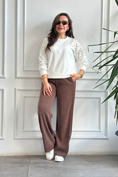 Yağmur Butik Beli Lastikli Kadife Bol Paça Pantolon