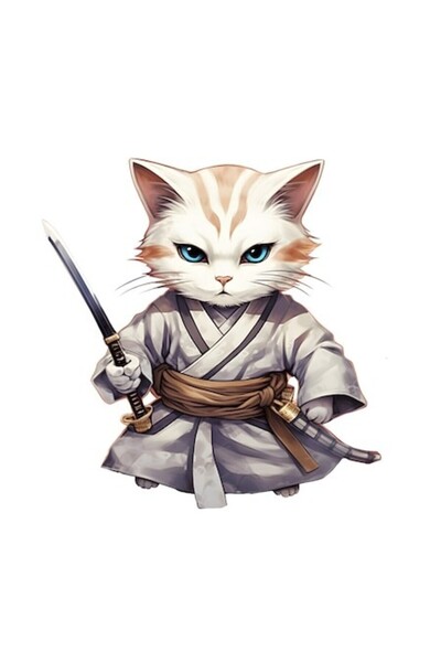 OEM Autocolant pisică furioasă ținând o katana - ilustrație samurai, bordură ...