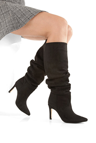 LUVETTO Cizme de damă negre cu vârf ascuțit, toc subțire de piele întoarsă 9 ...