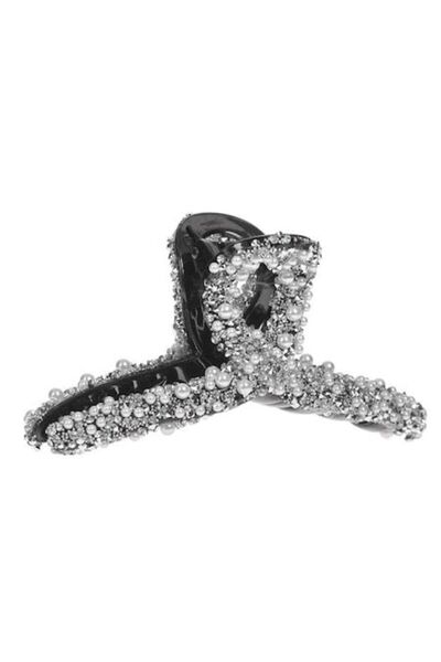 ANTBRO Clamă de păr neagră cu perle albe și pietre, formă de buclă, 11 cm