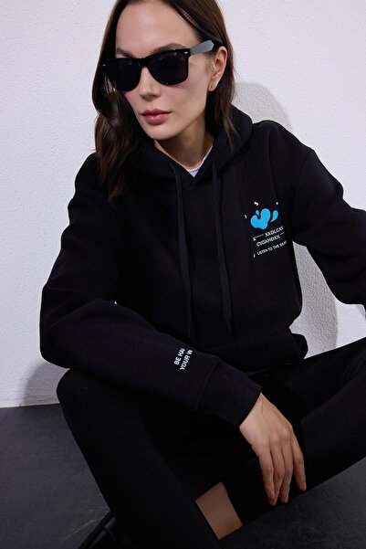 Tudors Kadın Oversize Geniş Kesim Pamuklu Yumuşak Dokulu İçi Polarlı Baskılı Siyah Kapüşonlu Sweatshirt