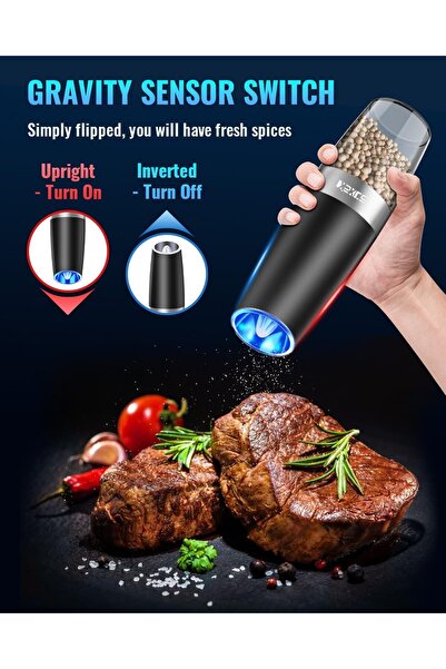 007 Electric Salt & Pepper Grinder Set, Graphite, Adjustable Grind, Battery LED, One-hand Auto, Black St