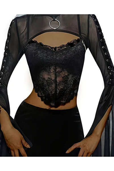 BIGPARTYWEAR Night Ring — Mesh Sleeve Lace Crop Top
