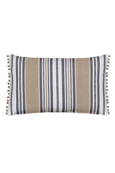 ANTBRO Pernă de vară 60×40 cm alb-gălbui cu dungi bej-gri și pompon –