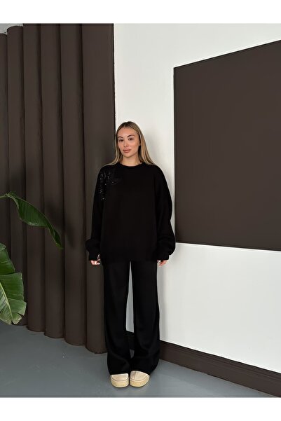 REDMİNA fashion Comfortable Knitwear Set with Shoulder Leaf Detail