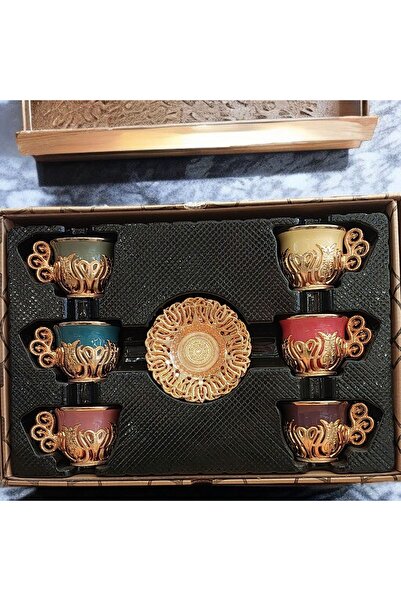 Bakır Center Porcelain Coffee Cup Set Copper Flower Patterned Cup Set Set of 6 Boxed Gift Cup Set