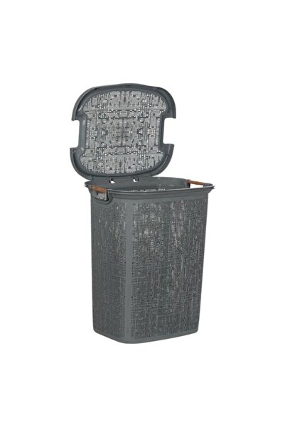 ANTBRO laundry basket, grey perforated pattern with wooden handles, 46×37×57.5 cm, 60 L